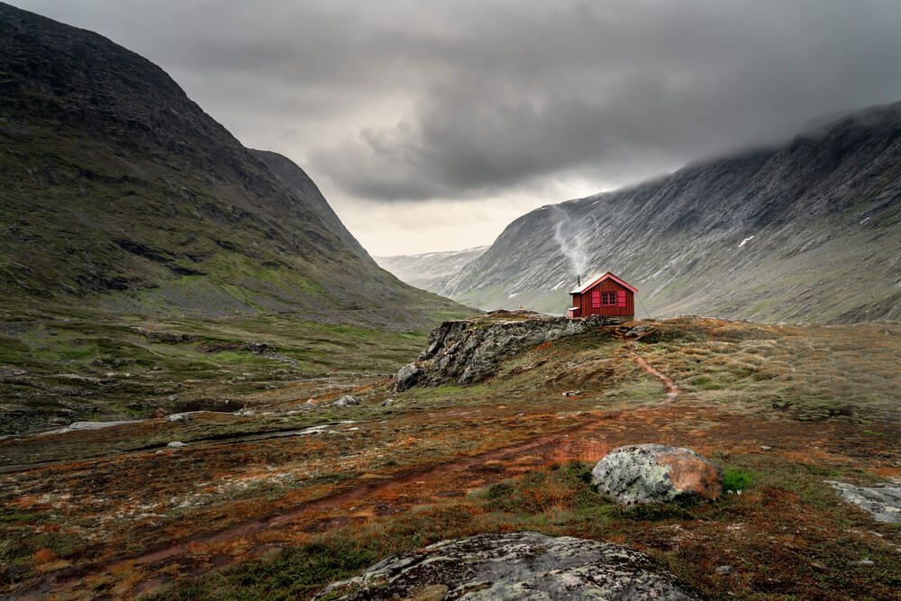 Modern tiny house exterior, red cabin in the wild