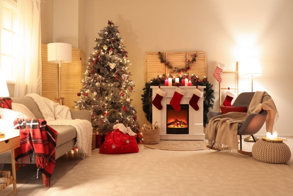 cozy christmas decor interior with fireplace