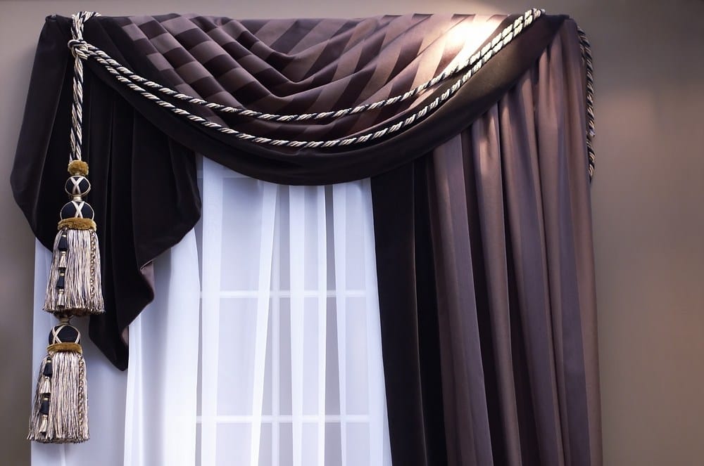 window with layered curtains, sheers and valance