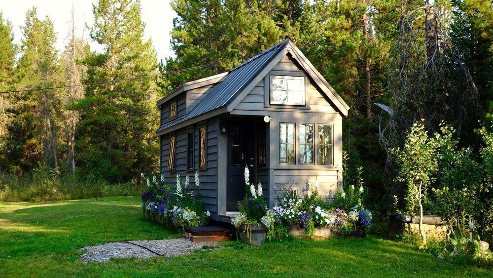 black tiny house in woods